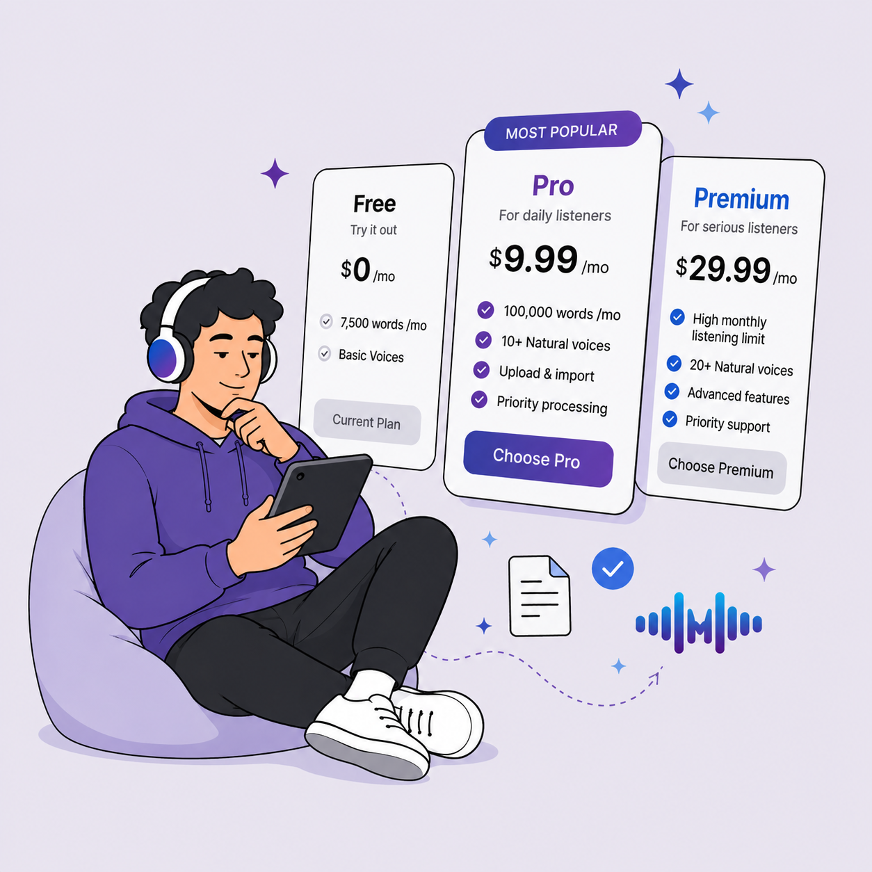 Mojo White pricing plans shown beside a listener