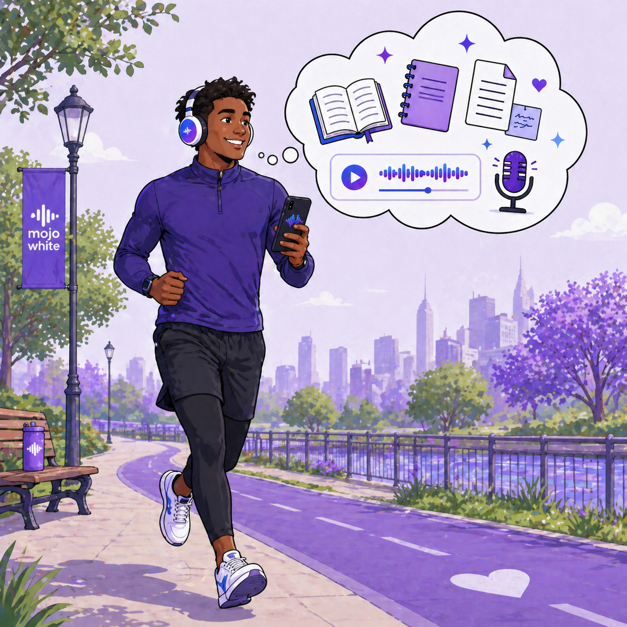Runner listening to Mojo White audio in a city park