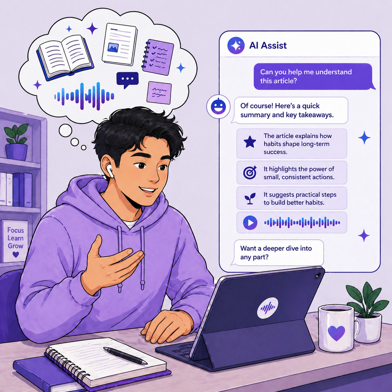 Mojo Assistant explaining an article with summary and key takeaways