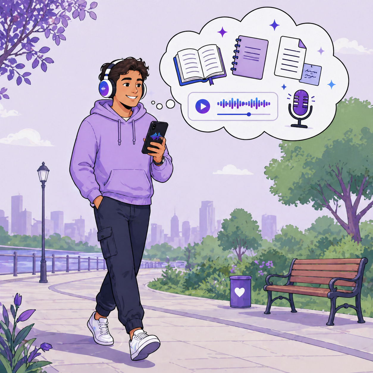 Person listening to a generated podcast while walking outside