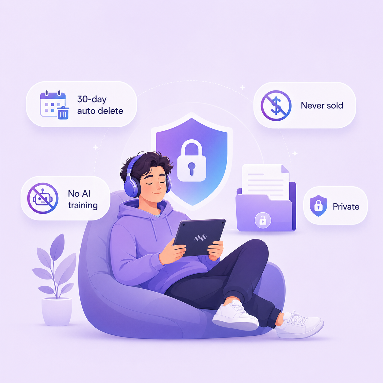 Mojo White privacy commitments including auto-delete, no AI training, never sold, and private