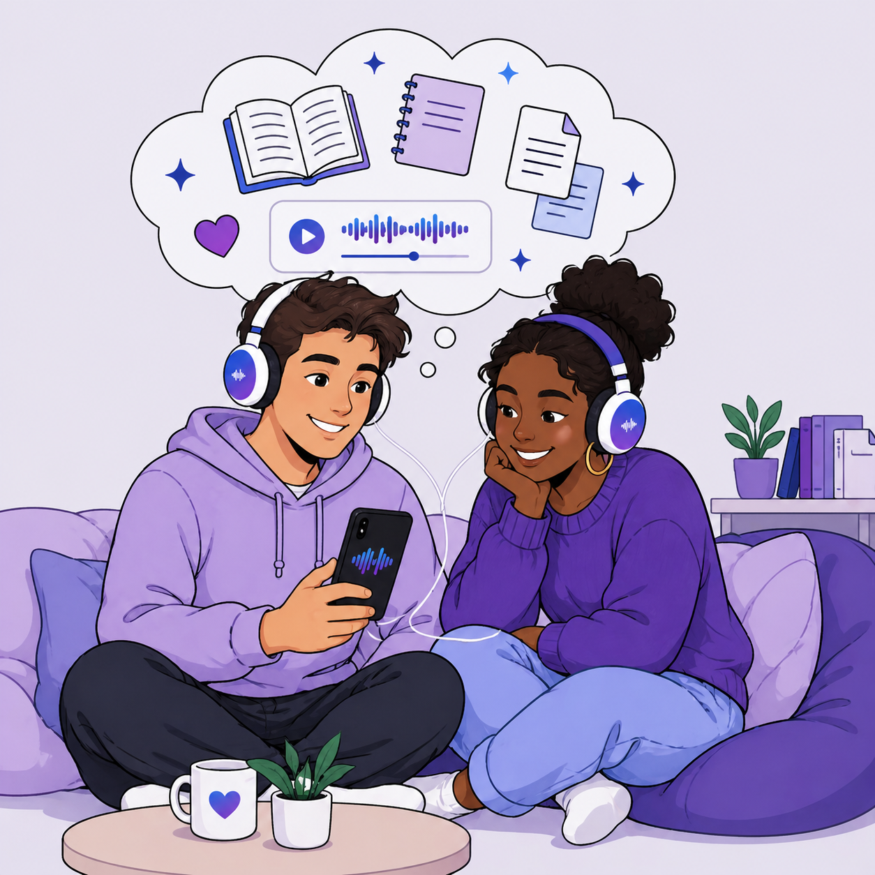Two people listening to written content as audio
