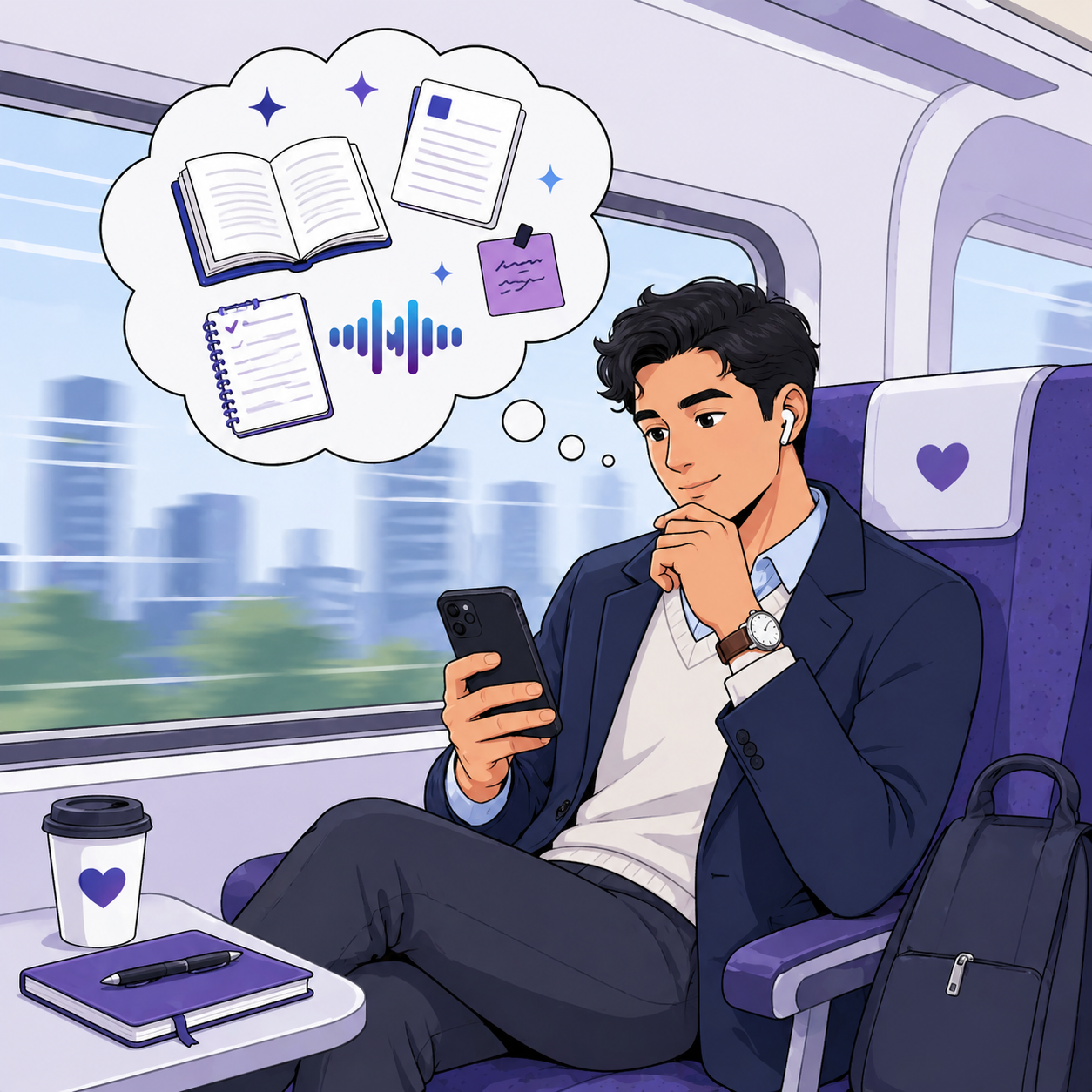 Professional listening to documents while riding a train