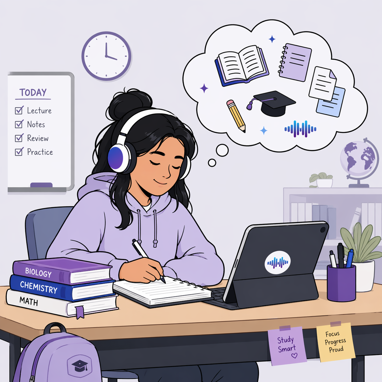 Student listening to study materials while taking notes